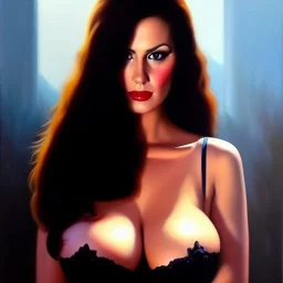 portrait of beautiful busty Bella painting by Brom, oil on canvas, cinematic composition, extreme detail,cinematic composition,fit full head inside picture