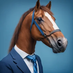 Retrato de estudio de un caballo con corbata y suéter a cuadros, fondo celeste, Fujifilm, 4k