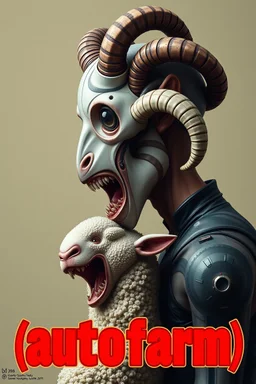 superhero group dark human biological detail qbert SSR game look("yummy yummy") right side profile, with heading fancy text of poster saying (autofarm) in boob poster form,a portrait of a very very super skinny head mechanic sheepman, man is eating a hybrid mixed body part sheep, giant eyes sheep alien style puppy look. as five headed mouth open, rough teeth, turn head, (&*&*^%$^#%$#%$^%$#^#$#^%#$^$#&#^46747854784846857