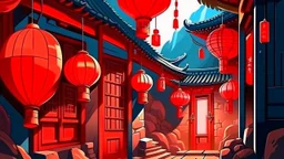 fantasy cartoon style illustration: red lanterns and decorations on doors and windows in a small Chinese mountain village