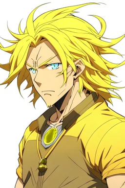 Anime man side character with golden hair , less fit body, electricity around him aged 27