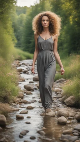 full body shot of a very beautiful lady curly hair, walks in the country side with a narrow river with clean water and nice rocks on floor. The trees and wild flowers .