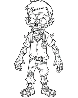 outline art for halloween coloring pages for kids with cartoon cute happy zombie , white background, Sketch style, full body, only use outline, clean line art, white background, no shadows and clear and well outlined, coloring page for kids, kawaii style