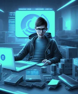 a young hacker and rebel, sat at his computer, typing furiously as he tried to crack the security systems of the corrupt megacorporation he was targeting.