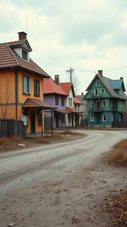Fotografia di strada random assurda e falsa orripilante poor Transnistria Adighezia weirdcore dai Yves Tanguy colori vivaci. Non luogo falso, inusuale. Max Ernst. Le case sono false e dipinte di chiaro con cose stilizzate e dettagli. Ci sono strane. , che danno un senso distopico e molto surreale, disposte in modo casuale. L'atmosfera generale sembra noiosa e onirica, con un contrasto tra elementi reali ed elementi dipinti falsi, René Magritte
