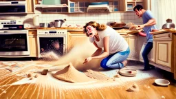 woman on the phone while husband pours baking flour all over the the floors and throw rug looking for make believe invisible tabletiops