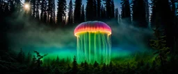 giant bio luminous Rainbow floating high, long JellyFish, light floating in a forest, mist, light trails, nighttime, long exposure, Treeline, Alberta, scientist, Dystopian, Hyper detailed, Realistic, Extreme depth of field, bokeh blur, Alberta all-natural, National Geographic, in the style of candid, imperfection, natural lighting, cinematic, Fuji Film, Anamorphic lens, 2040s, --ar 4:5 --w 150 --style raw