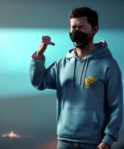 Realistic image, waist up view, a guy making the fuck you gesture with his hand, blue smoke coming out of his nose and mouth, happy. Latex cloth, inflatable hoodie, soft color, highly detailed, unreal engine 5, ray tracing, RTX, lumen lighting, ultra detail, volumetric lighting, 3d, finely drawn, high definition, high resolution.