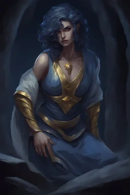 Dnd character on her knees in a dark cave. A female Moonelf twilight cleric with super curly, super short, dark blue hair and golden eyes. Wearing grey robes. Muscular, etheral.