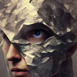 rendered in blender trash bag on his head and crumpled paper as a texture, collage paper and tape, slit - scan photography, high resolution, cinematic, unreal 6, breathtaking detailed