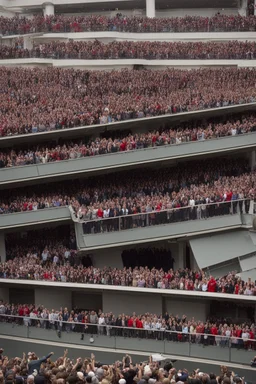 donald trump standing on a balcony with hundreds of people below kneeling