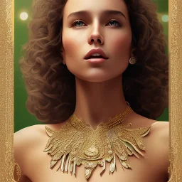 movie poster of upper body of lea with curly hair and crystal necklace,trying dress focus on upper body and face, ball background, bushy eyebrows