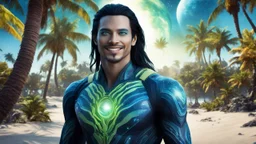 beautiful gorgeous young man na'vi with long hair, Avatar, blue skin, two small ears, green eyes, black hair, in cosmic suit, galactic ambiance, medium pointy goatee , smiling, with spaceship and planets and palm trees and clear crystaline cosmic beach in background