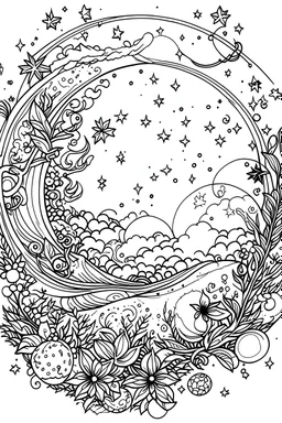 outline art for Color the stars, moon, and sky, leaving the background dark coloring pages with sitch, white background, Sketch style, full body, only use outline, clean line art, white background, no shadows and clear and well outlined.