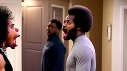 angry black lady screams at her phone while Tyrone who is in his own basement is yelling at his phone