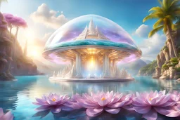 Photorealistic image (Masterpiece ) Crystal Hyperborea white Starship Futuristic floating in the air, Beautiful vision of Spiritual world of Crystals and Gold, iridescent color, precious stones crystal gold, beautiful Lilac Wisteria and Pink Lotus flowers, landscape of tropical summer ambient, beautiful beach and turquoise sea, light soft sun, Crystal DOme Palace Futuristic, full of details, smooth, warm golden light bright sunshine, soft light atmosphere, light effect, vaporwave colorful, conce
