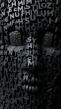 A balled face in details . The texture of the face is a collage of many 3D black random letters covering the whole face and the eyes are covered by waterfalls
