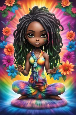 Create an airbrush image of a chibi black curvy female wearing a tie dye yoga outfit. Prominent make up with hazel eyes. Highly detail asymmetrical dread locs. background of colorful large flowers 2k