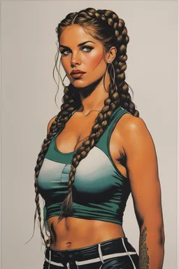 a Celtic girl with braids in a dark tight sport outfit, she does gym, panting [Original and final cover art and five interior illustrations by underground comix artist, Spain Rodriguez, from the German edition of Charles Bukowski’s book, Women, circa 1980’s.]