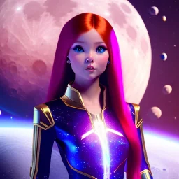 Galaxy teenage girl with red hair who is dressed like a space witch casting a lunar ritual, girl has starry features, background is realistic space renditions, rendered, unity 3d, unreal engine, dslr, hdr, 4k, edited, photorealistic