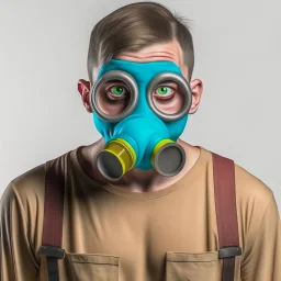 guy in a gas mask taking a mugshot