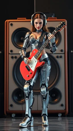 Realistic photography photoshoot view fullbody all to feet cyborg robotic rocker beautifull female Europian Supermodel ,wearing headphone,having humanoid body cyborg robotic transparent visible glass shiny explore inside details machines mechanical parts,cool pose playing heavy metal electric guitar.big sound speaker background