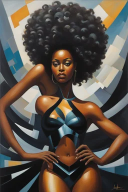 In this futurism oil painting, a stunning black woman is the centerpiece, embodying strength, beauty, and pride. She is depicted bending down gracefully, her body curving elegantly, as she holds her voluminous afro hair in her hands. Her face is adorned with prominent makeup, featuring lush lashes that accentuate her expressive eyes. The canvas is filled with vibrant colors, with the woman's afro hair taking center stage. Each curl is meticulously detailed, with a riot of colors cascading down