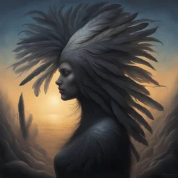 feathers cover her head in dusk and shadow in Tomasz Alen Kopera style