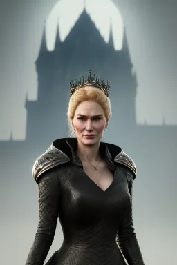 Cersei Lannister as evil queen in black leather coat, busty, cleavage, voluptuous, lena headay, angry, stern look. character design by cory loftis, fenghua zhong, ryohei hase, ismail inceoglu and ruan jia. unreal engine 5, artistic lighting, highly detailed, photorealistic, fantasy