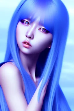 k-pop girl, photorealistic, blue hair, hd