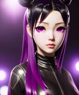 Detailed cute anime Kunoichi girl, purple hair buns, purple bangs, black latex bodysuit, intricate details, full body portrait, keep head in frame, slight smile, black Japanese motif, concept art, highly detailed, digital painting, concept art, sharp focus, illustration, art by Yoji Shinkawa, WLOP and greg rutkowski and alphonse mucha and artgerm and yanjun Chen and Junji ito and Makoto Shinkai, HDR, octane render