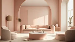 A Minimalist 3D Living Room in Peach & Cream” A softly lit modern living room with pastel-toned furniture—rounded sofas in peach, a ribbed cream wall panel, and a low geometric coffee table. Subtle textures on fabrics, a grid-patterned floor, and arched doorways add depth. Natural lighting casts gentle shadows, evoking calm and serenity.