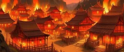 An orangish red Eastern village with torches designed in Heidrun manuscripts painted by Zosan