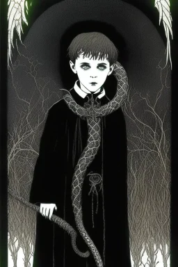 7 year old boy, necromancer, friendly, looks dead,with a lamprey serpent , wearing black robes, in the style of Harry Clarke