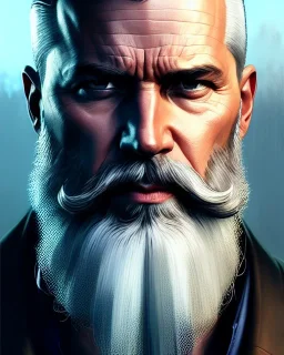 "MIddle aged white human male, with a trimmed but uneven beard, piercing eyes with slick back hair, full-scale head and shoulders portrait, 8k resolution concept art portrait by Greg Rutkowski, Artgerm, WLOP, Alphonse Mucha dynamic lighting hyperdetailed intricately detailed Splash art trending on Artstation triadic colors Unreal Engine 5 volumetric lighting Splash art fantasy"