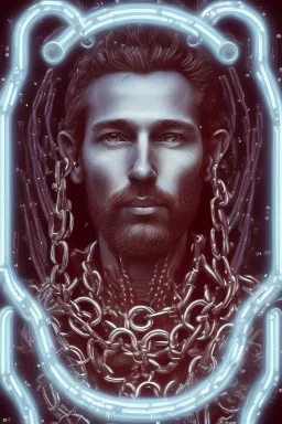 Humans are created free, but they are always in a chain that they have woven themselves، The chain is sent from the top by the icon of virtual programs such as Insta, Twitter, Facebook, and at the bottom it wraps around the Greek statue of man who struggling , neon light , future classic style, unreal engine , fuul body statue