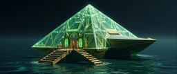 benign transparent superwood alien mega scifi pyramid katamaran ark boat with superwood draw bridge and wing doors