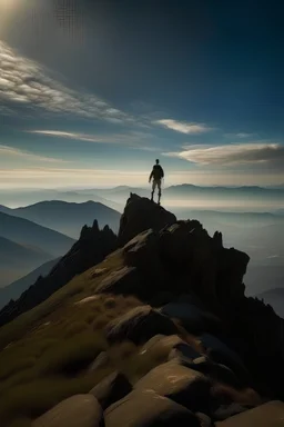 A hiker standing triumphantly on a mountain summit, gazing out over a vast landscape, symbolizes the conquest of challenges and the freedom of achievement.