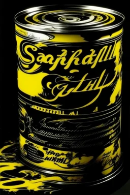 Create a yellow and black can with "Sacrificial Broth" written in neat, legible cursive on it, ensuring all words are spelled correctly; Pop Art; Andy Warhol