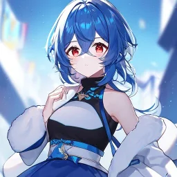 Clear focus, High resolution, rough line art, cute, cartoon, medium blue hair, hair between eyes, fluffy hair, red eyes, wearing a black sleeveless crop top, wearing a white jacket thats of her shoulders, wearing a blue skirt, cutsleeves blue strap and white color, intricately detailed outfit