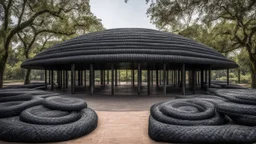 Pavilion made from hundreds of old used tyres, amazing detail, beautiful composition, award-winning photograph, astonishing realism, 28mm lens, adjust perspective