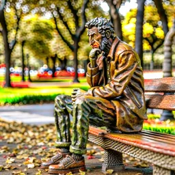 A figure of a man thinking about complex issues sitting on a park bench.