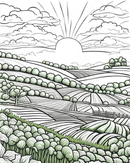 B/W outline art,coloring book page, full white, super detailed illustration for adult,cartoon style "Vegetable Farm: Illustrate a painting showing an intertwined green vegetable farm with fruit trees on the side. Farmers can be shown working in the fields, and birds flying in the blue sky.", crisp line, line art, high resolution,cartoon style, smooth, law details, no shading, no fill, white background, clean line art,law background details, Sketch style, strong and clean outline, strong and blac