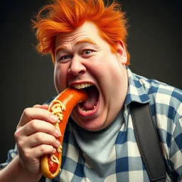 fat man with red hair eating a big hot dog, realistic photo, big mouth open