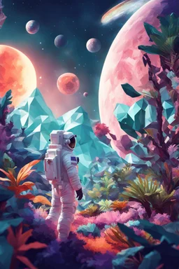 (((close midshot))), (((low poly art:2))), (astronaut), ultra-detailed illustration of an environment on a dangerous:1.2 exotic planet with plants and wild (animals:1.5), (vast open world), astronomer inspired, highest quality, no lines, no outlines candid photography.