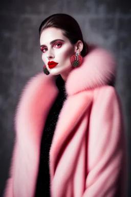 Minimalistic portrait of a beautiful woman with red lips and cold big eyes wearing earrings, a light pink fur coat in a haute couture style isolated on a dark background, cinematic lighting, ultra-realistic, shot in the style of hasselblad