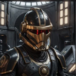 star wars bald male corellian pilot wearing pearlescent black and gunmetal grey First Order special forces heavy assault stealth commando armor and helmet with gold trim inside the jedi temple, hyperdetailed, dynamic lighting, hyperdetailed background, 8k resolution, volumetric lighting, light skin, fully symmetric details