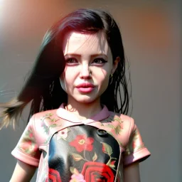 Angelina jolie toddler, full body, leather jacket, floral shirt, floral skirt, shoe, soft skin, dramatic lighting, hyper realistic