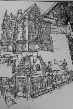 Croquis architecture, city drawing, perspective drawing, point perspective, architecture croquis drawing gingerbread house