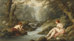 Nymphs sitting next to a stream, in a woodland clearing